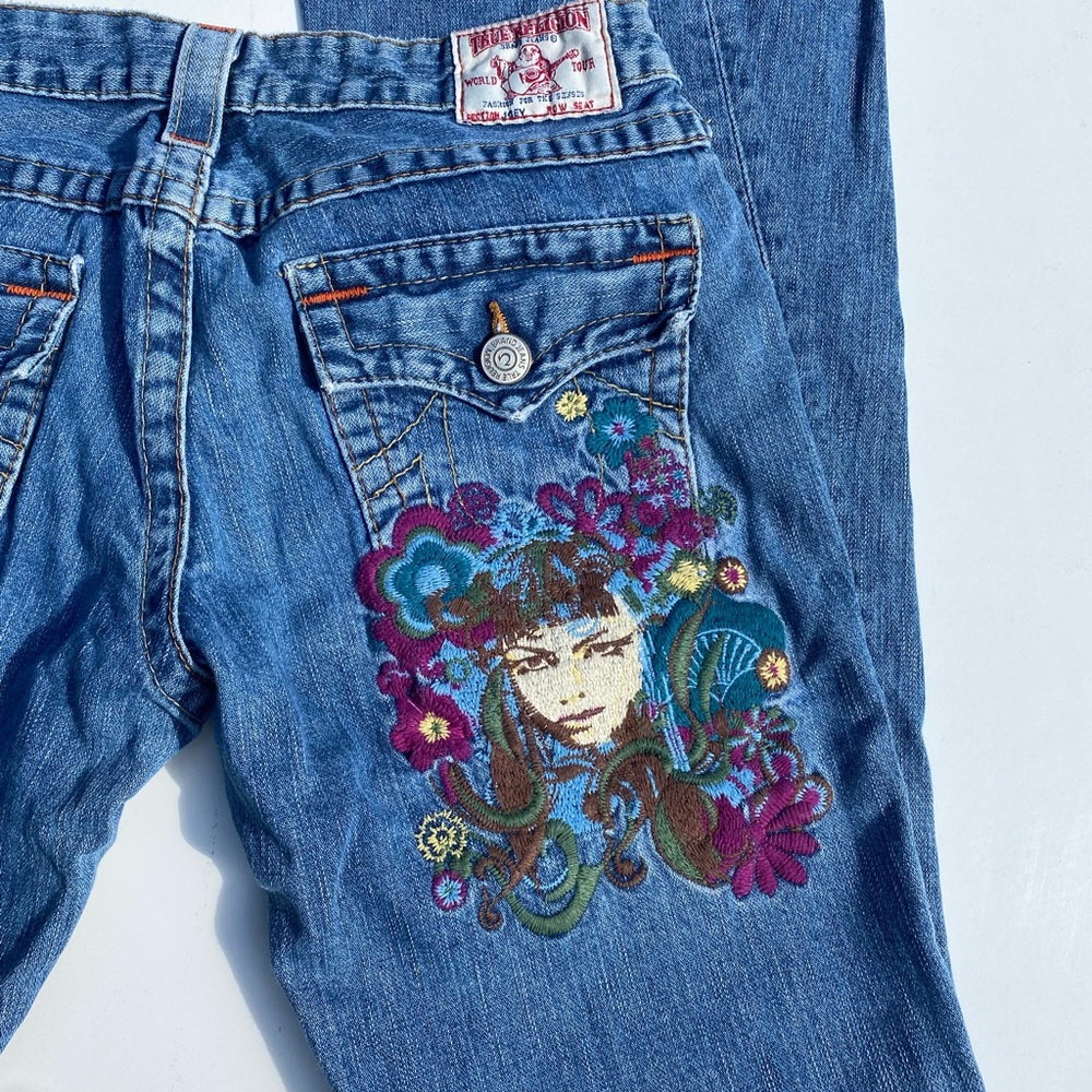 True Religion Joey Godiva Gypsy Flare Bootcut Jeans Embroidered 29 Rare HTF